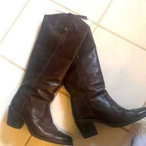 Frye tall leather boots. “Jackie Button” style.